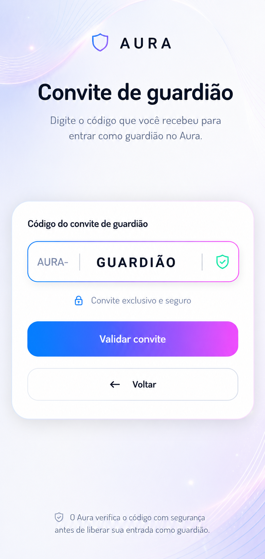 Tela para preencher o código do guardião no Aura