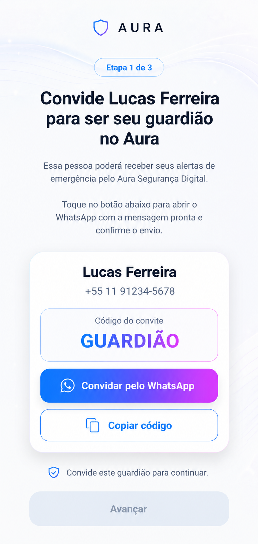 Tela para convidar o guardião no Aura