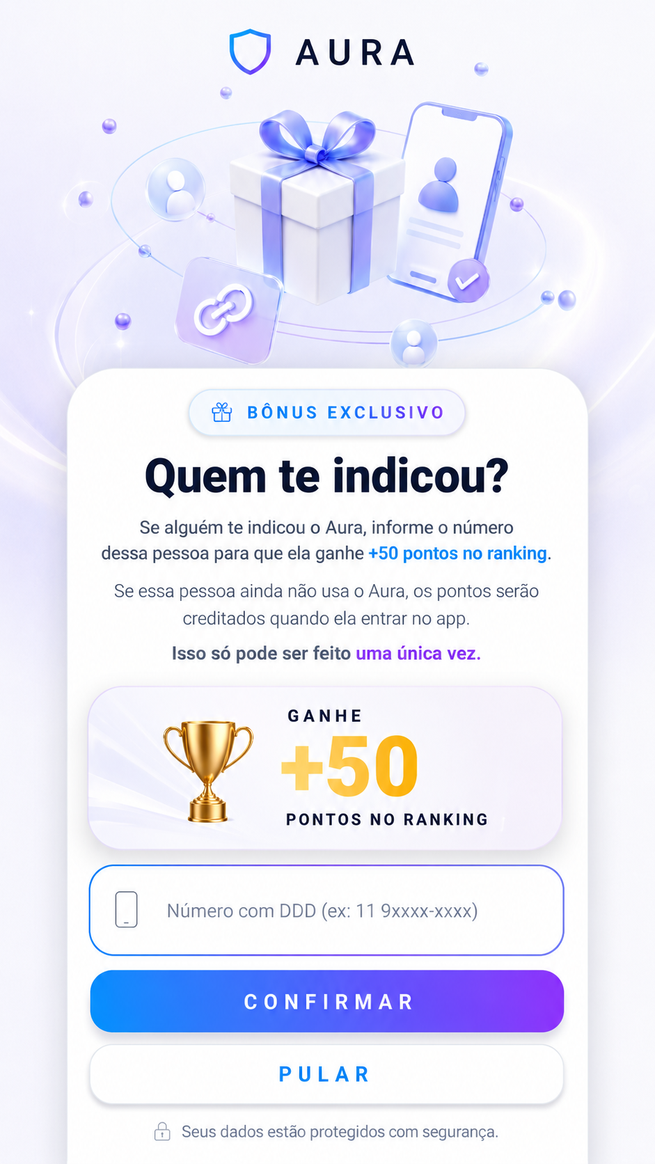 Tela de indicação com bônus do Aura